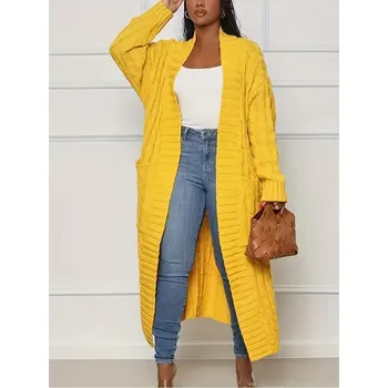 Dámský svetr Elegantní a extra dlouhý pletený cardigan s kapsami Barva: Žlutá, Velikost: XL