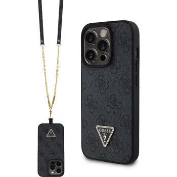 Telefonní příslušenství Guess Strass Triangle Metal Logo kryt s crossbody popruhem pro iPhone 15 Pro Max Barva: Černá