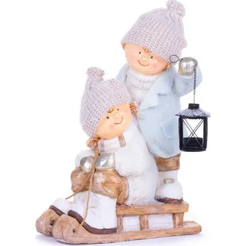 Vánoční dekorace MagicHome Chlapeček s holčičkou na saních keramika 34 x 24 x 46,5 cm