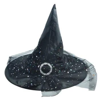 Karnevalový doplněk Čarodějnický klobouk pro dospělé se síťkou s barevnými hvězdičkami a kamínky 44 x 34 cm černý