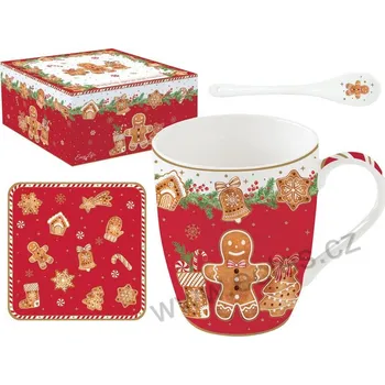 Easy Life FANCY GINGERBREAD porcelánový hrnek se lžičkou a korková podložka perníkový panáček a perníčky 300ml