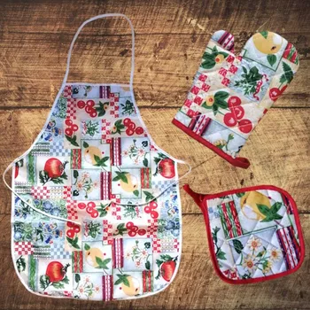 Kuchyňská zástěra Kuchyňský set trojdílný - Babiččina zahrádka