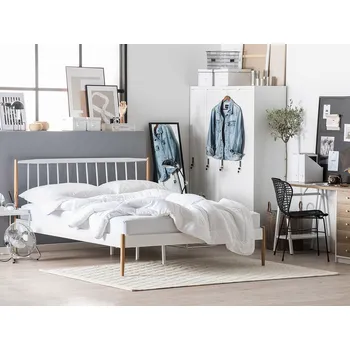 Postel Manželská postel z bílého kovu s dřevěnými nohami 180 x 200 cm, manželská postel s rámem a čelo, retro skandinávský styl Beliani