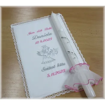 rouška Křestní sada 3D vyšívaná rouška s krajkou , svíce s ozdobou vzor 54