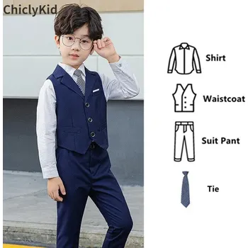 Klučičí elegantní set společenské kalhoty + vesta + košile + kravata (1 - 12 let) Barva: Dark Blue 3 Pcs Sets, Velikost: 100 (3 roky)
