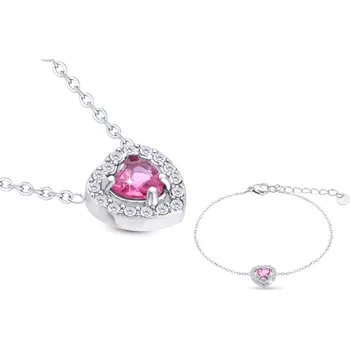 Souprava šperků Ellami VERONA 309 Set řetízek a náramek, srdce osázené růžovým zirkonem Ellami