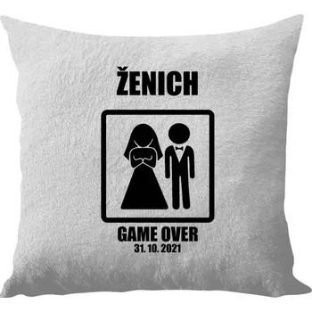 Polštář Polštář bílý 40x40 cm - dlouhý chlup Game over - ženich s datem