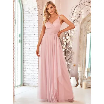 Dámské šaty Elegantní šaty pro družičky áčkové s výstřihem do V Barva: Pudrová, Velikost: 3XL