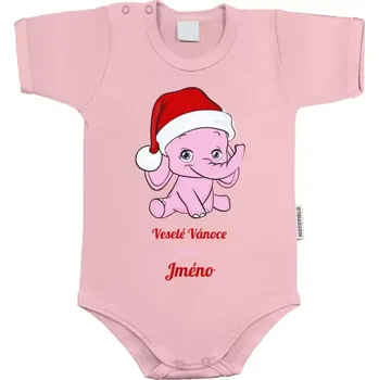 Dětské body s krátkým rukávem Veselé Vánoce přeje - růžový sloník