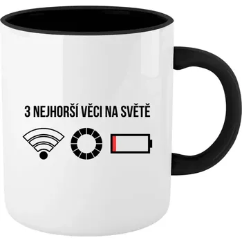 Vtipný hrnek - Tři nejhorší věci na světě - černý vnitřek a ucho 330 ml