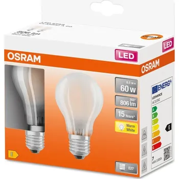Žárovka Osram Sada LED žárovek klasik, 6,5 W, 806 lm, teplá bílá, E27, 2 ks&nbsp;LED STAR CL A GL FR 60 NON-DIM 7W