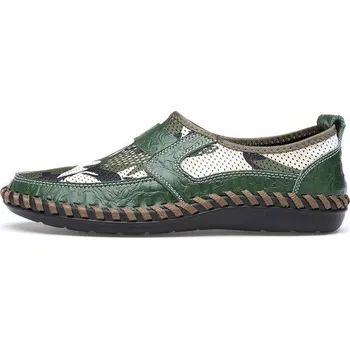 Pánské polobotky Síťované pánské polobotky kožené letní loafers Velikost: 39, Barva (Varianta): Zelená maskáčová