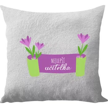 Polštář Polštář bílý 40x40 cm - dlouhý chlup Nejlepší učitelka - fialové květiny