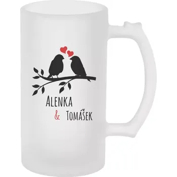 Sklenice Půllitr pro páry - Ptáčci na větvi - vlastní jména - matný