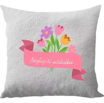 Polštář Polštář bílý 40x40 cm - dlouhý chlup Nejlepší učitelka - růžová stuha