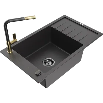 Granitový dřez Mexen Elias granitový dřez s 1 komorou a odkapávačem a kuchyňská baterie Flora, černá skvrnitá - 6511-76-670401-57-B Granitové dřezy s baterií