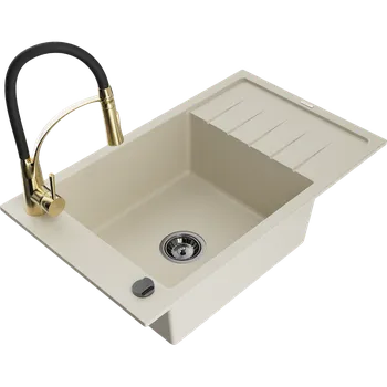 Granitový dřez Mexen Elias granitový dřez 1-komorový s odkapávačem a kuchyňskou baterií Aster, béžový - 6511-69-73450-57-B Granitové dřezy s baterií