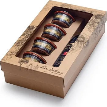 Dárkový potravinový koš Via Delicia Dárková kazeta 4 zvěřinové paštiky a červené víno