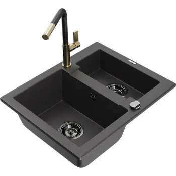 Granitový dřez Mexen Carlos žulový dřez 1,5-komorový s kuchyňskou baterií Flora, černý skvrnitý - 6518-76-670401-57-B Granitové dřezy s baterií
