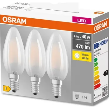 Žárovka Osram Sada LED žárovek svíčka, 4 W, 470 lm, teplá bílá, E14, 3 ks LED BASE CL B GL FR 40 NON-DIM 4W