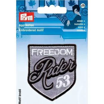 Nášivka PRYM Nášivka štítek Freedom Rider 53, nažehlovací, šedá/černá/bílá
