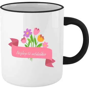 Hrnek 330 ml - barevný lem a ucho Nejlepší učitelka - růžová stuha