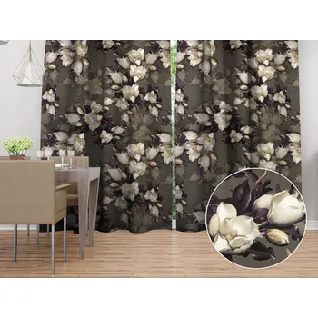 ubrus Sametový závěs Tamara TMR-034 Květy gardénie na hnědošedém 135x140 cm