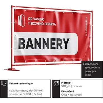 Bannery, reklamní plachty Děrované: MESH banner 360 g/m² Svaření okrajů, kvalitní oka po 50 cm (doporučujeme) Barevné jednostranné - 4/0 (CMYK)