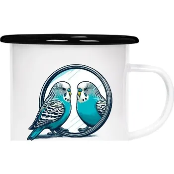 Zrcadlo Plecháček - smaltový lem s potiskem modrá andulka v zrcátku