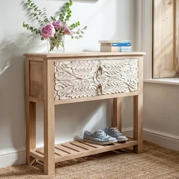 Komoda AV interiery Konzolový stolek 110x35x76 z masívu mango s vyřezávanými ornamenty - SITA KZ