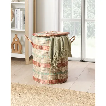 Košík přírodní mořská tráva s uchy víko ručně tkané doplňky doplňky skladování dekorativní vzor boho styl Beliani