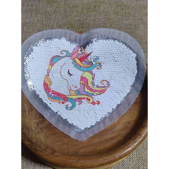 Nášivka Aplikace srdce s jednorožcem / Happy day s oboustrannými flitry