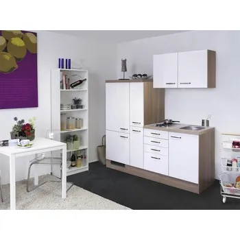 Kuchyňská linka Rovná kuchyňská linka se spotřebiči Flex Well Valero 190 cm barva čela bílá vysoce lesklá barva korpusu sonoma dub