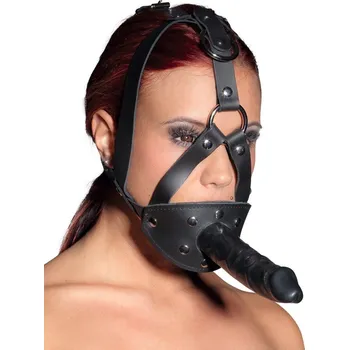 Erotická maska Kožený postroj na hlavu s latexovým dildem