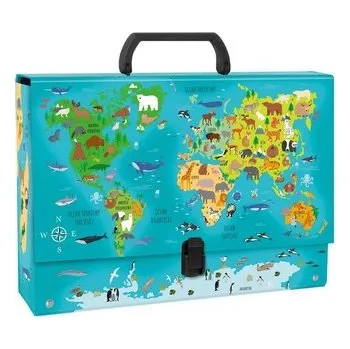 Set školních potřeb Teczka z rączką gruba Mapa Świat Zwierzęta DERFORM