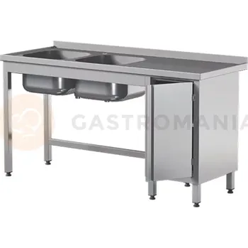 Nerezový dřez Přístěnný nerezový stůl s dvoukomorovým dřezem a skříňkou, s křídlovými dvířky 1700x600x850 mm | ASBER, STW-176/2-PL-L-HD