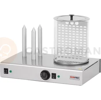 Ohřívač nápojů Hot-dog 3 trny + nádoba s košíkem 480x300x350 mm, 1,1 kW | REDFOX, HD-03NK