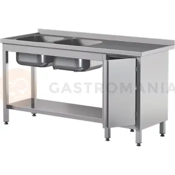 Nerezový dřez Přístěnný nerezový stůl s poličkou, dvoukomorovým dřezem a skříňkou, s křídlovými dvířky 1400x700x850 mm | ASBER, STW-147/2-PL-L-HD-S