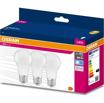 Žárovka 3PAK LED žárovka E27 A60 8,5W = 60W 806lm 4000K Neutrální 200° OSRAM VALUE