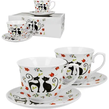 Šálek s podšálkem na kávu, čaj - Kočky ethno - sada 2 ks