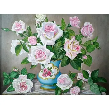 Diamantové malování Diamantové malování/Huacan - Světlé růžičky v malované váze