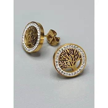 Náušnice Ocelové náušnice - Strom života v kruhu ve zlaté barvě