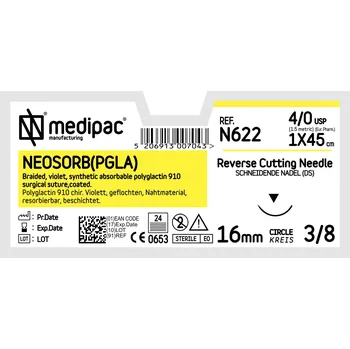 Chirurgická jehla MEDIPAC Neosorb PGLA - USP 4/0, EP 1.5, jehla řezná 3/8 - jehla 16 mm, délka 45 cm