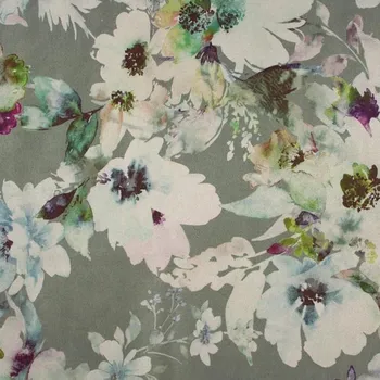 Úplet SCUBA VELVET khaki, květinový vzor, š.145