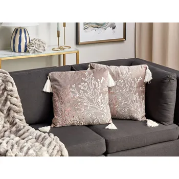 Bytový textil Sada 2 dekoračních polštářů taupe samet 45 x 45 cm mořský motiv korálový vzor čtvercový polyesterová výplň příslušenství Beliani