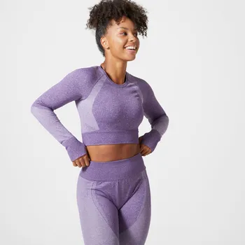 Dámská mikina DOMYOS Dámské fitness tričko s dlouhým rukávem Crop Top bezešvé XS FIALOVÁ