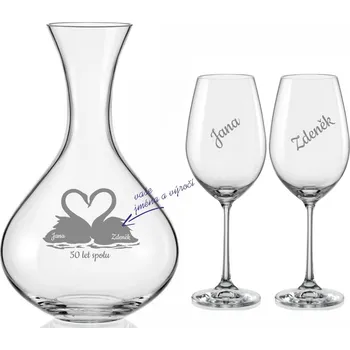 Sklenice Vínový set 1+2, s motivem Labutě, 3 ks (Do poznámky v nákupním košíku napište jména a číslo výročí)