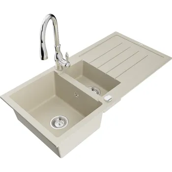 Granitový dřez MEXEN/S - Andres granitový dřez s odkapávačem včetně baterie Savita, béžová 6515-69-672601-00