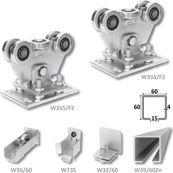 sada pro nesenou bránu W Set 60/Zn-F2, stavitelné vozíky - kompletní sada na posuvnou bránu do 250 kg, 6 m C profil 60 x 60 x 4 mm Zn, výškově nastavitelné vozíky, kapsa, kolo, uzávěr
