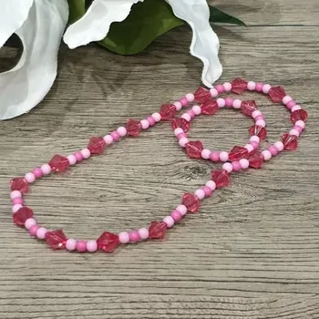 Náhrdelník Set dětské korále a náramek - tmavě růžový